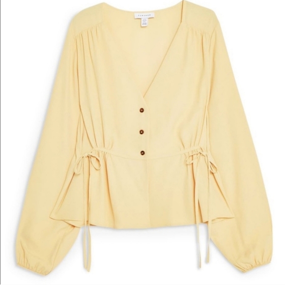 Topshop butter‎ yellow button down shirt with waist tie bows women's size 2 - Picture 2 of 16